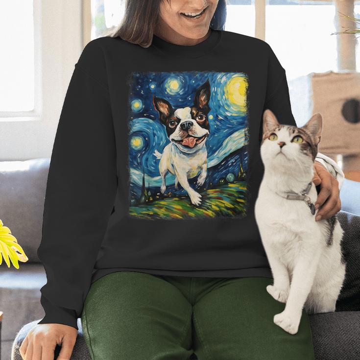 Boston Terrier Dog Starry Night Painting Women Crewneck Sweatshirt, gift for family, gift for coworker
