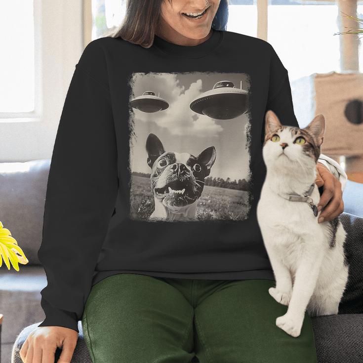 Boston Terrier Dog UFO Alien Extraterrestrial Selfie Women Crewneck Sweatshirt, gift for family, gift for coworker