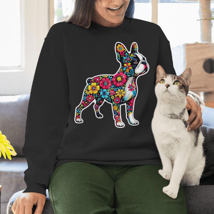 Boston Terrier Floral Vintage Dog Mom Distressed Men Women Kids Women Crewneck Sweatshirt, Boston Terrier Mom Sweatshirts, gift for family, gift for coworker