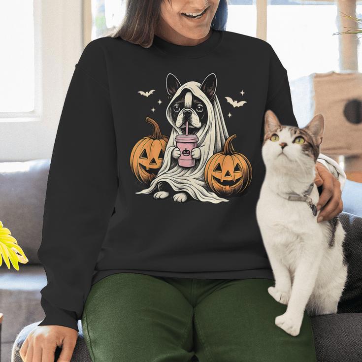 Boston Terrier Ghost Boo Halloween Costume Spooky Season Women Crewneck Sweatshirt, Boston Terrier Ghost Sweatshirts, Boston Terrier Halloween Sweatshirts, gift for family, gift for coworker