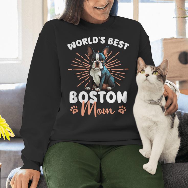 Boston Terrier Groovy World's Best Boston Mom Women Crewneck Sweatshirt, Boston Terrier Mom Sweatshirts, gift for family, gift for coworker