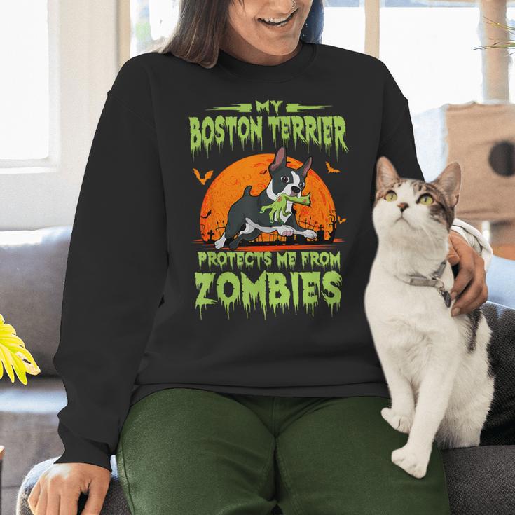 Boston Terrier Halloween Zombie American Gentleman Dog Lover Women Crewneck Sweatshirt, American Boston Terrier Sweatshirts, Boston Terrier Halloween Sweatshirts, gift for family, gift for coworker
