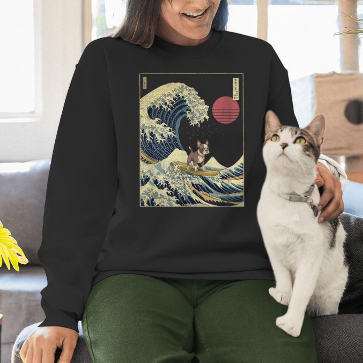 Boston Terrier Japanese Kanagawa Wave Surf Dog Women Crewneck Sweatshirt, gift for family, gift for coworker