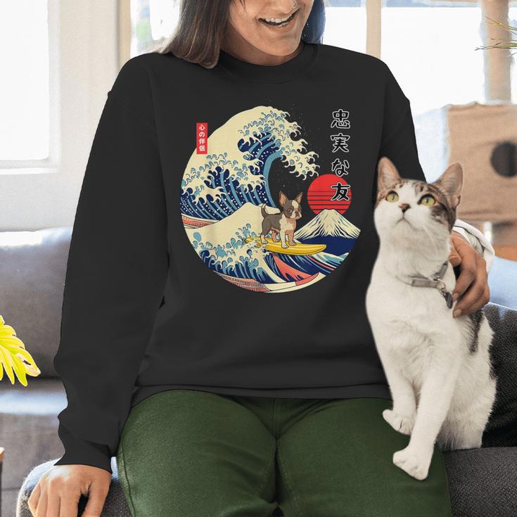 Boston Terrier Japanese Kanagawa Wave Surf Loyal Dog Men Women Kids Women Crewneck Sweatshirt, gift for family, gift for coworker