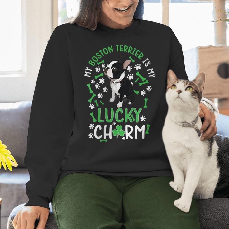 My Boston Terrier Is My Lucky Charm Paw Dog St Patrick's Day Women Crewneck Sweatshirt, gift for family, gift for coworker