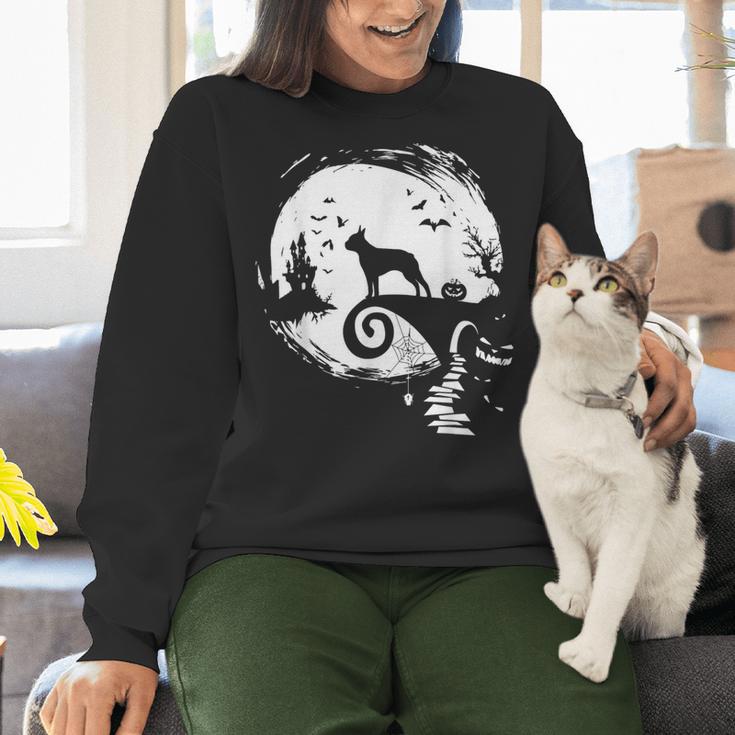 Boston Terrier And Moon Halloween Costume Dog Lover Women Crewneck Sweatshirt, Boston Terrier Halloween Sweatshirts, gift for family, gift for coworker