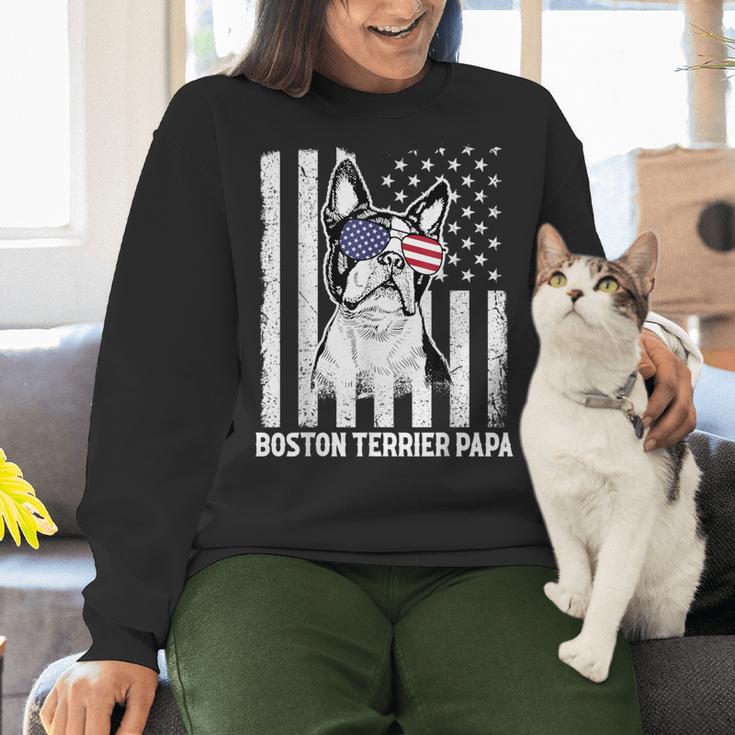 Boston Terrier Papa Cool Dog Lover USA American Flag Men Women Women Crewneck Sweatshirt, American Boston Terrier Sweatshirts, gift for family, gift for coworker