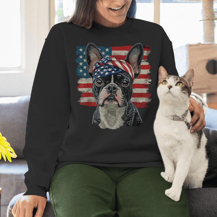 Boston Terrier Patriotic 4th Of July USA American Flag Women Crewneck Sweatshirt, American Boston Terrier Sweatshirts, Patriotic Boston Terrier Sweatshirts, Boston Terrier 4th Of July Sweatshirts, gift for family, gift for coworker