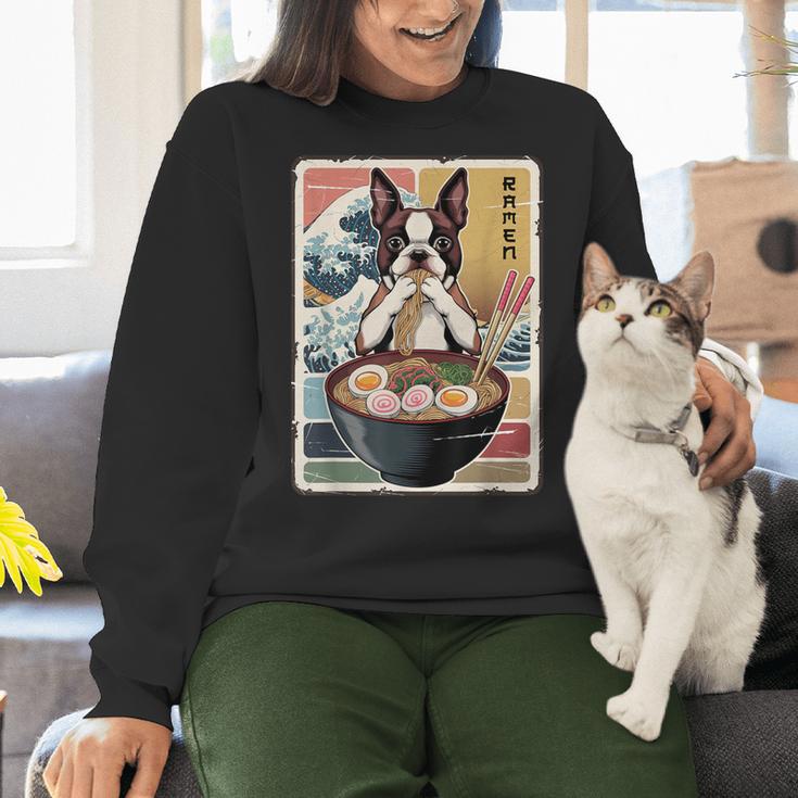 Boston Terrier Ramen Noodles Japanese Art Retro Ocean Waves Women Crewneck Sweatshirt, gift for family, gift for coworker