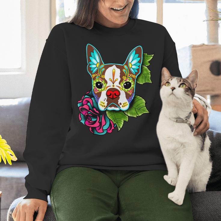 Boston Terrier In Red Day Of The Dead Sugar Skull Dog Women Crewneck Sweatshirt, gift for family, gift for coworker