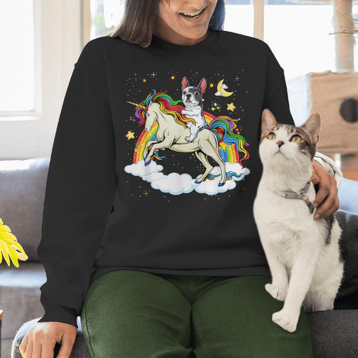 Boston Terrier Riding Unicorn Boys Girls Kids Rainbow Women Crewneck Sweatshirt, Boston Terrier Riding Sweatshirts, gift for family, gift for coworker