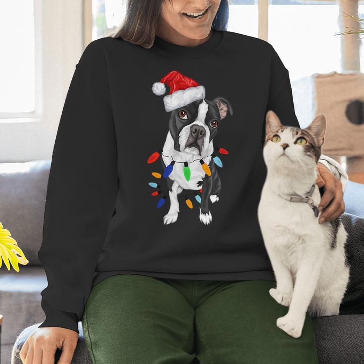 Boston Terrier Santa Christmas Lights Xmas Dog Lover Men Women Kids Women Crewneck Sweatshirt, Boston Terrier Christmas Sweatshirts, gift for family, gift for coworker