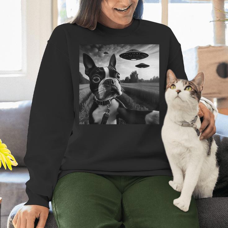 Boston Terrier Graphic Selfie With UFOs Weird Aliens Women Crewneck Sweatshirt, gift for family, gift for coworker
