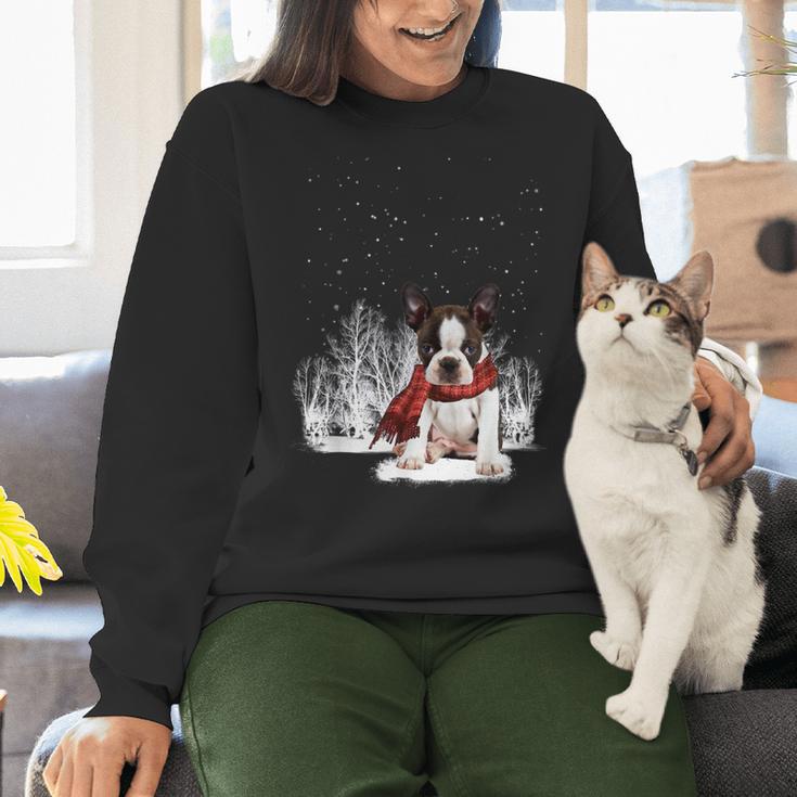 Boston Terrier In The Snow Merry Christmas Winter Women Crewneck Sweatshirt, Boston Terrier Christmas Sweatshirts, gift for family, gift for coworker