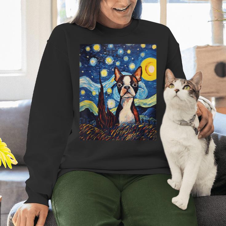 Boston Terrier Starry Night Van Gogh Art Women Crewneck Sweatshirt, gift for family, gift for coworker