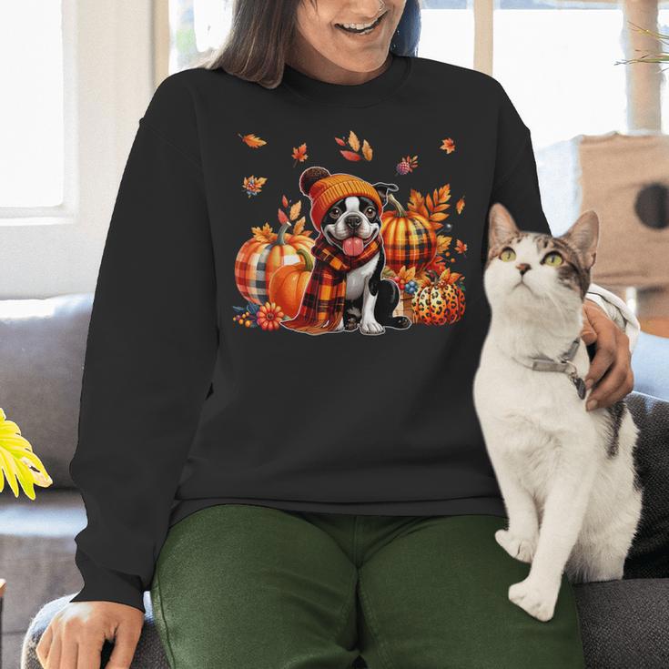 Boston Terrier Thanksgiving Leopard Pumpkins Fall Leaves Women Crewneck Sweatshirt, Boston Terrier Thanksgiving Sweatshirts, gift for family, gift for coworker