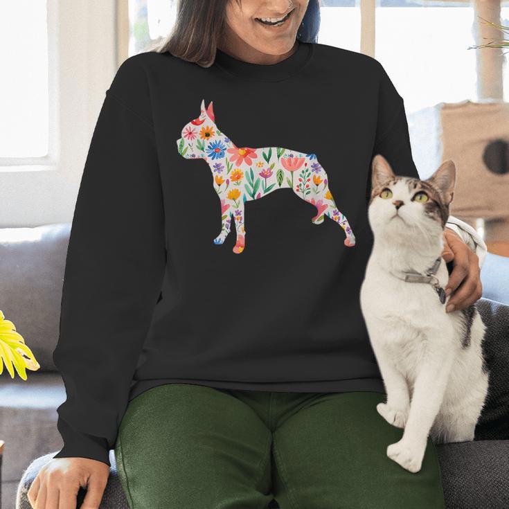 Boston Terrier Watercolor Flowers Women Crewneck Sweatshirt, gift for family, gift for coworker