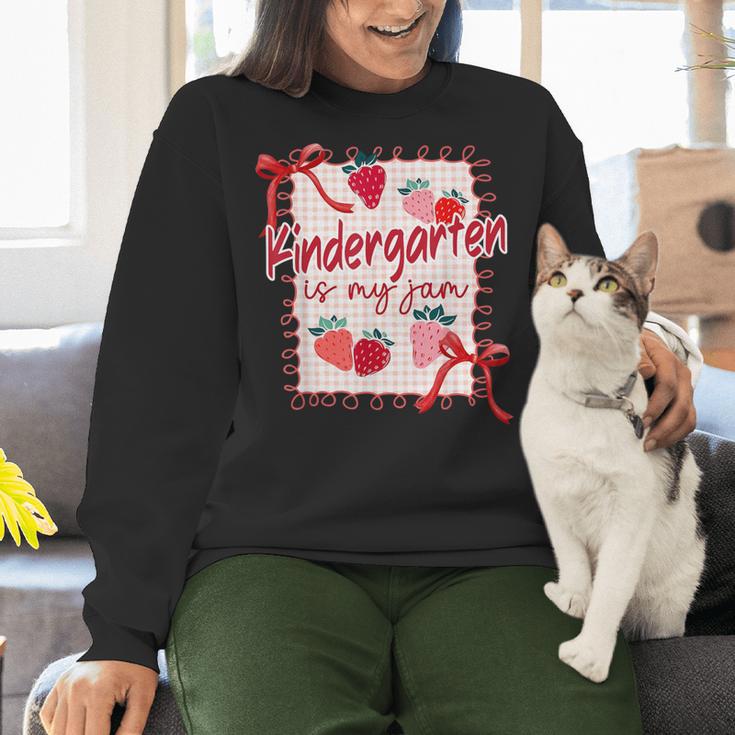 Bow Strawberry Kindergarten Is My Jam Teacher Kinder Team Women Crewneck Sweatshirt, gift for family, gift for coworker Bow Strawberry Kindergarten Is My Jam Teacher Kinder Team Women Crewneck Sweatshirt, gift for family, gift for coworker