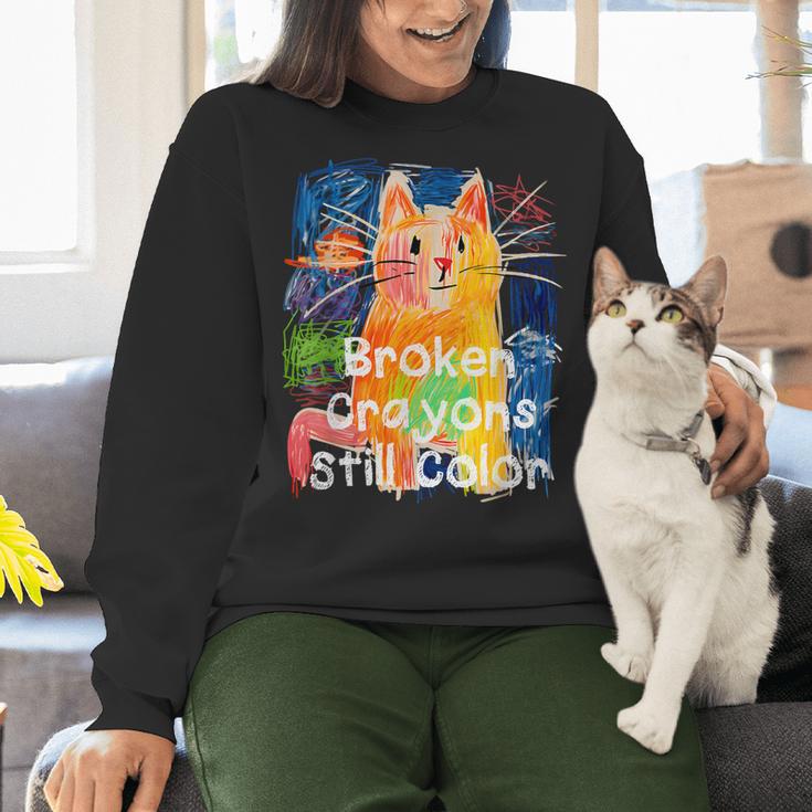 Broken Crayons Still Color Cat Teacher Women Crewneck Sweatshirt, gift for family, gift for coworker