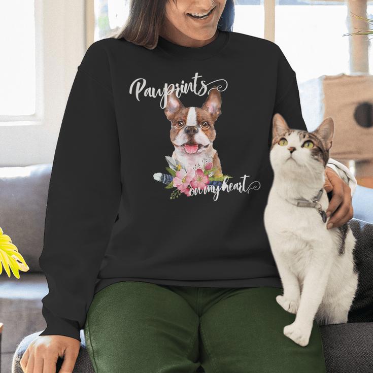 Brown Boston Terrier With Flowers And Feathers Women Crewneck Sweatshirt, gift for family, gift for coworker