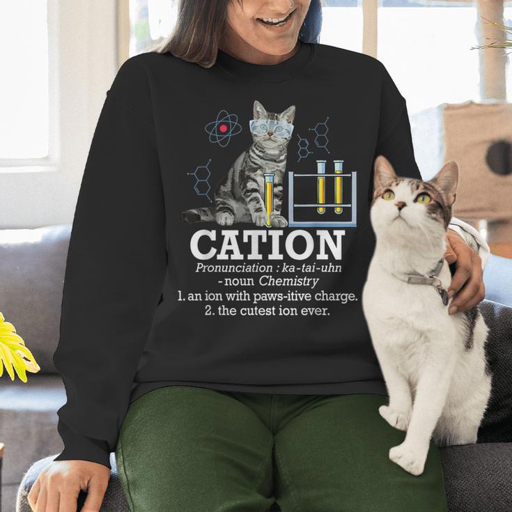 Cation Chemistry Humor Science Teacher Cat Pun Women Crewneck Sweatshirt, Science Teacher Sweatshirts, gift for family, gift for coworker