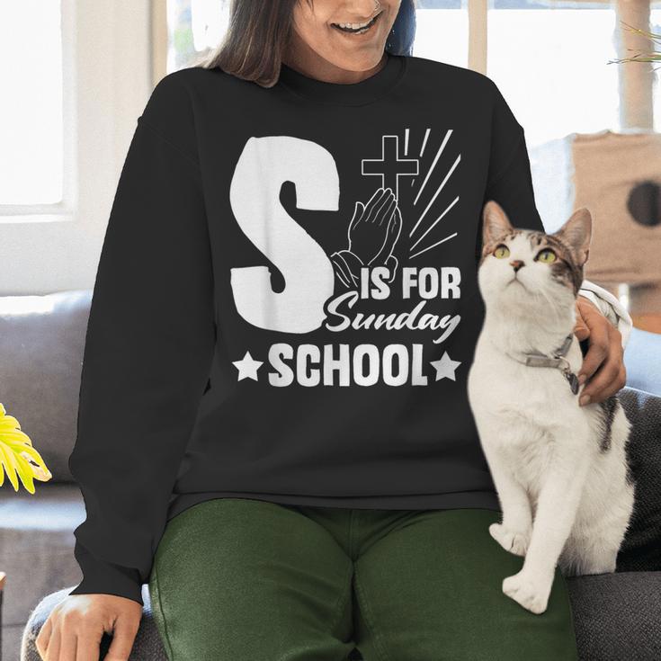 Christian Teacher S Is For Sunday School Essentials Women Crewneck Sweatshirt, gift for family, gift for coworker Christian Teacher S Is For Sunday School Essentials Women Crewneck Sweatshirt, gift for family, gift for coworker