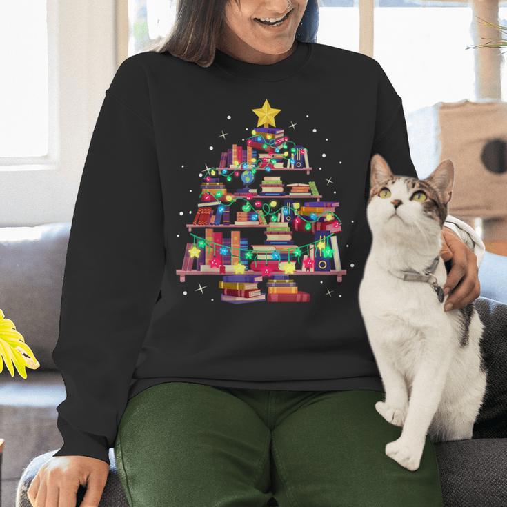 Christmas Library Tree Love Reading Books Nerd Teacher Women Crewneck Sweatshirt, gift for family, gift for coworker