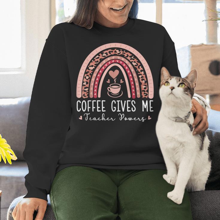 Coffee Gives Me Teacher Powers Leopard Rainbow Teacher Women Crewneck Sweatshirt, gift for family, gift for coworker