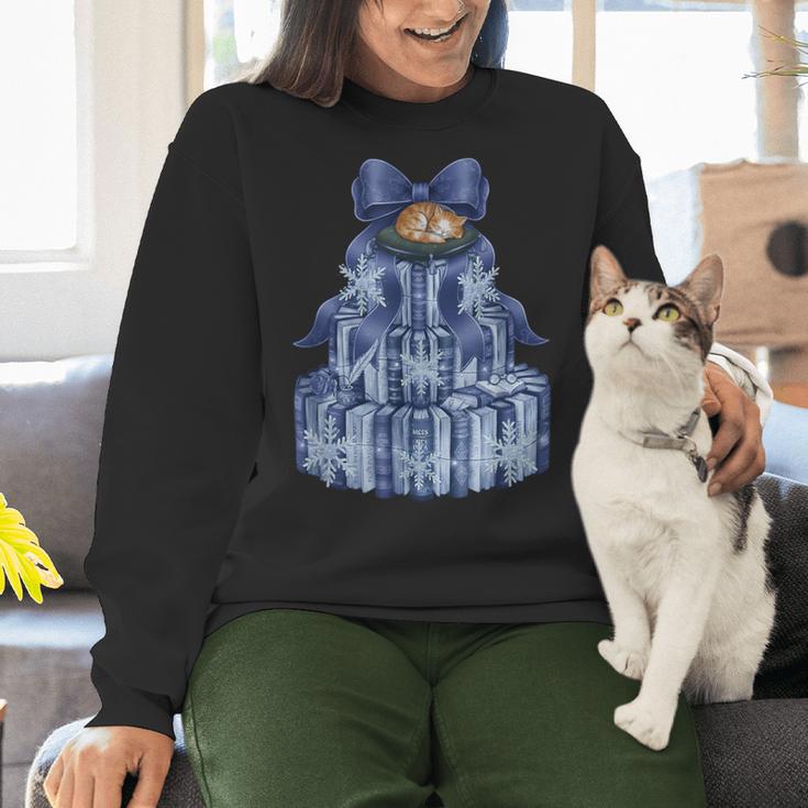 Coquette Bow Book Tree Merry Christmas Xmas Teacher Holiday Women Crewneck Sweatshirt, gift for family, gift for coworker