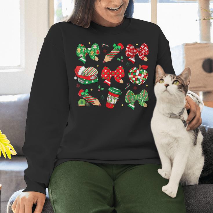 Cute Coquette Pencil Bow Christmas School Teacher Student Women Crewneck Sweatshirt, gift for family, gift for coworker
