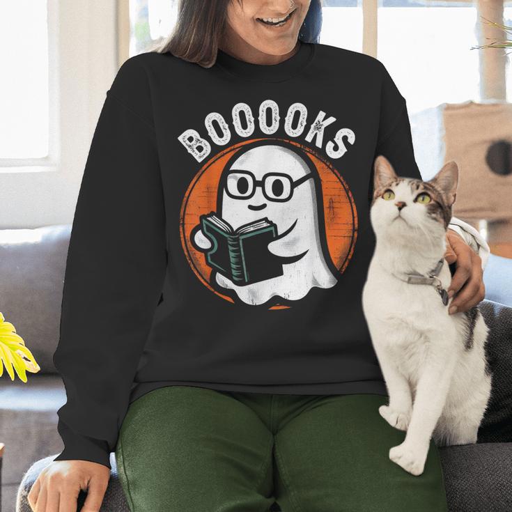 Cute Ghost Book Reading Books Lover Retro Halloween Teacher Women Crewneck Sweatshirt, gift for family, gift for coworker