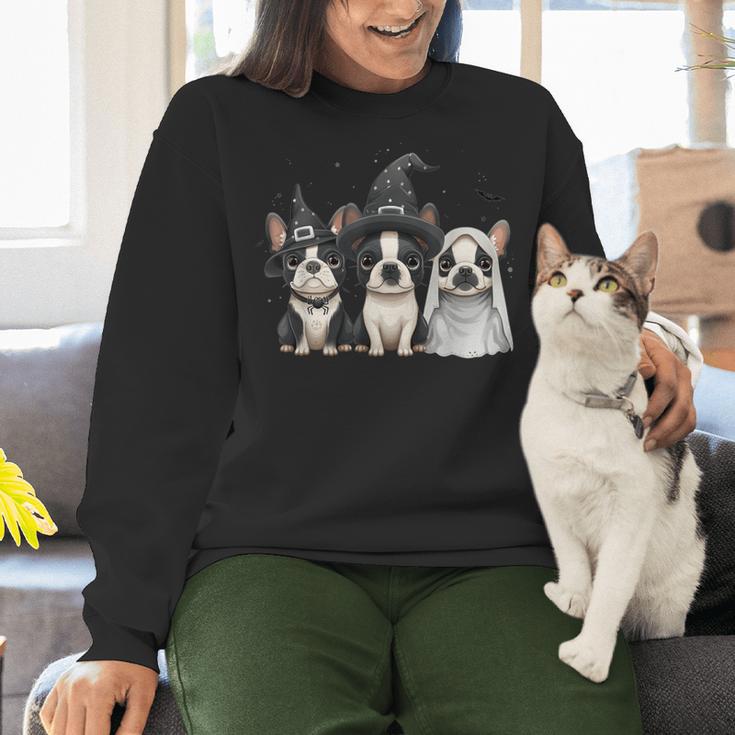 Cute Halloween Boston Terrier Dogs Witch Hat Ghost Dog For Men Women Kids Women Crewneck Sweatshirt, Boston Terrier Ghost Sweatshirts, Boston Terrier Halloween Sweatshirts, gift for family, gift for coworker