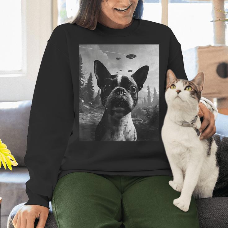 Dog Mom Dad Alien Selfie Boston Terrier UFO For Men Women Women Crewneck Sweatshirt, Boston Terrier Mom Sweatshirts, Boston Terrier Dad Sweatshirts, gift for family, gift for coworker