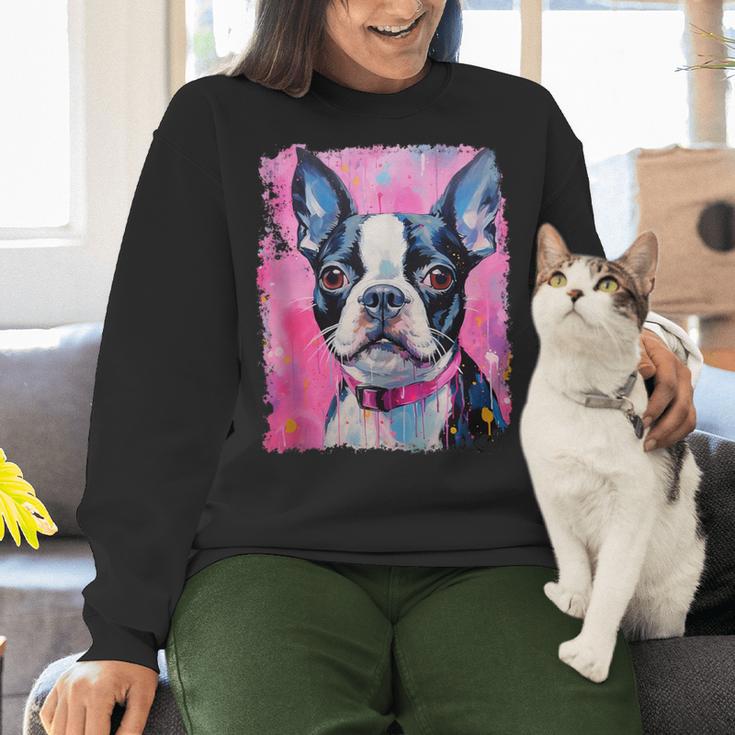 Dog Pink Boston Terrier Women Crewneck Sweatshirt, gift for family, gift for coworker