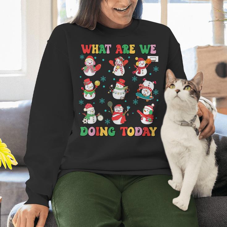 What Are We Doing Today PE Teacher Snowman Christmas Women Crewneck Sweatshirt, Pe Teacher Sweatshirts, gift for family, gift for coworker What Are We Doing Today PE Teacher Snowman Christmas Women Crewneck Sweatshirt, Pe Teacher Sweatshirts, gift for family, gift for coworker