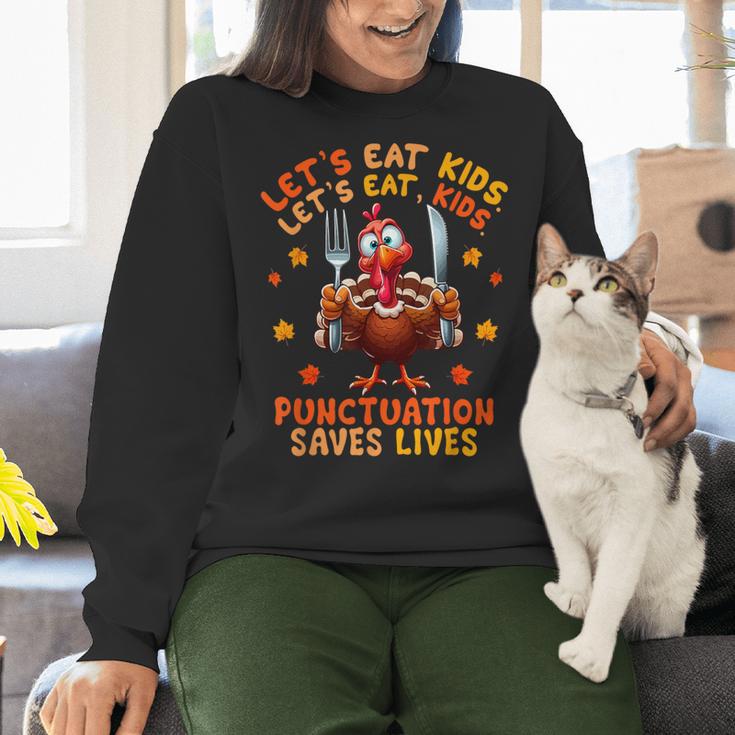 Eat Kids Punctuation Saves Lives Thanksgiving Turkey Teacher Women Crewneck Sweatshirt, gift for family, gift for coworker