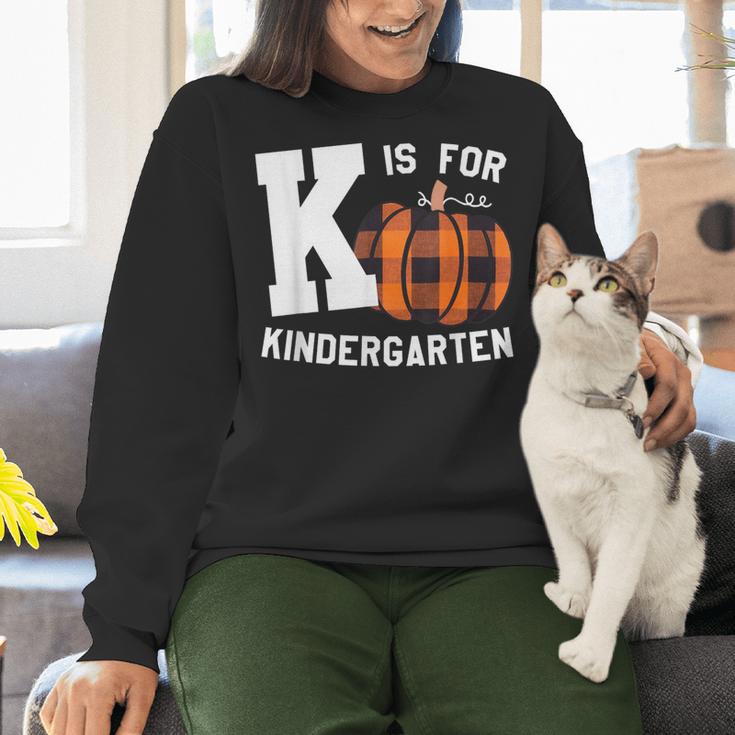 Fall Kindergarten Teacher K Is For Buffalo Plaid Pumpkin Women Crewneck Sweatshirt, gift for family, gift for coworker Fall Kindergarten Teacher K Is For Buffalo Plaid Pumpkin Women Crewneck Sweatshirt, gift for family, gift for coworker