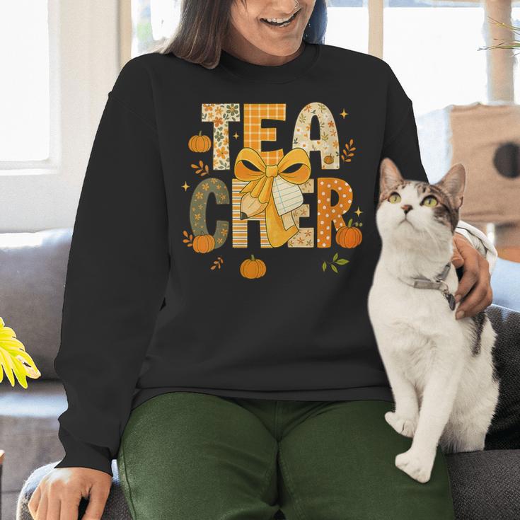 Fall Teacher Pumpkin Coquette Bow Autumn Classroom Women Crewneck Sweatshirt, gift for family, gift for coworker