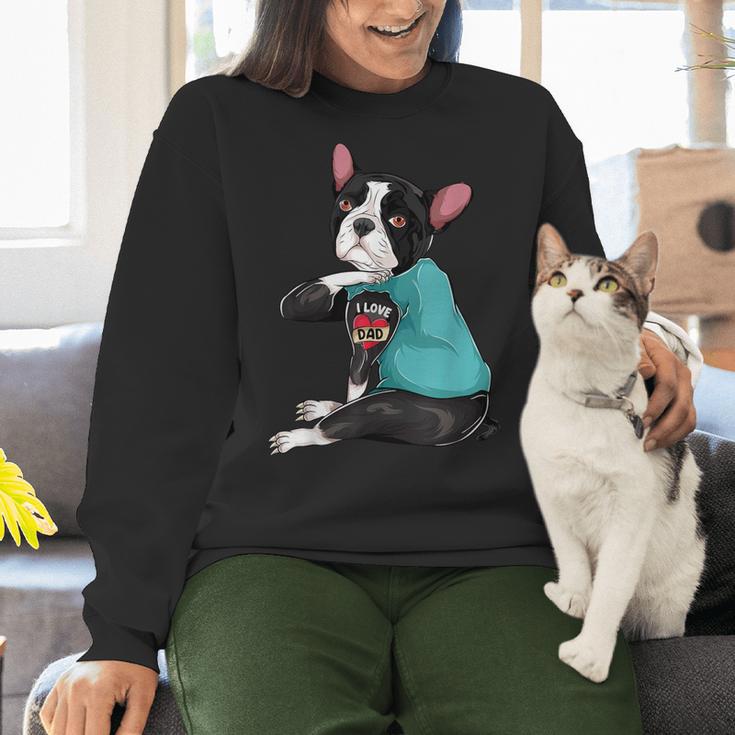 Father's Day Gift Dog Dad Boston Terrier i Love Dad Tattoo Women Crewneck Sweatshirt, Boston Terrier Dad Sweatshirts, gift for family, gift for coworker