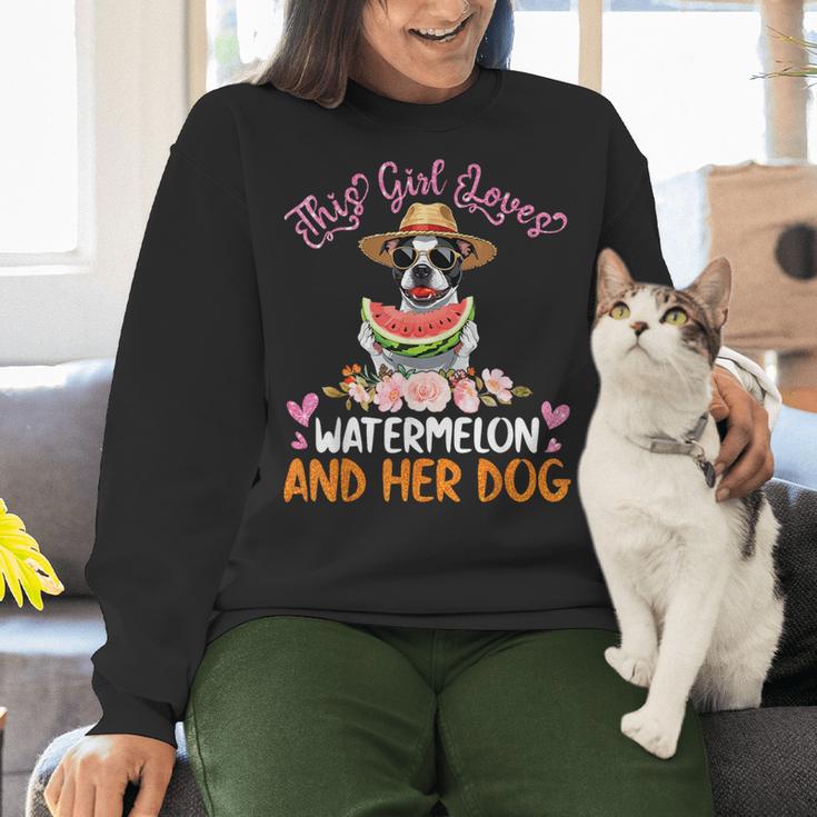 This Girl Loves Watermelon And Her Boston Terrier Dog Mother Women Crewneck Sweatshirt, gift for family, gift for coworker