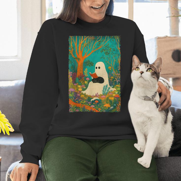 Groovy Ghost Reading Book Cat Halloween Ghost Teacher Women Crewneck Sweatshirt, Groovy Teacher Sweatshirts, gift for family, gift for coworker Groovy Ghost Reading Book Cat Halloween Ghost Teacher Women Crewneck Sweatshirt, Groovy Teacher Sweatshirts, gift for family, gift for coworker