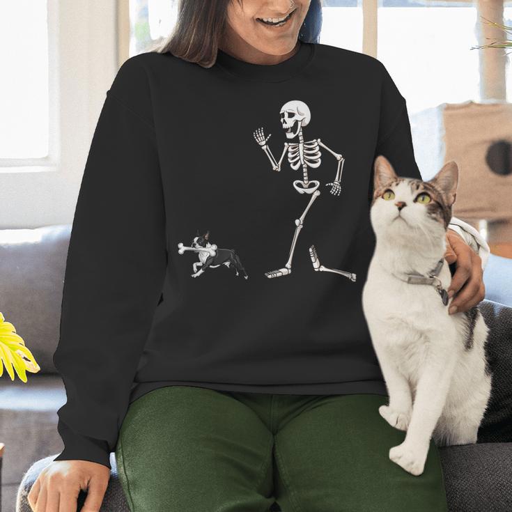 Halloween Boston Terrier And Skeleton Women Crewneck Sweatshirt, Boston Terrier Halloween Sweatshirts, gift for family, gift for coworker