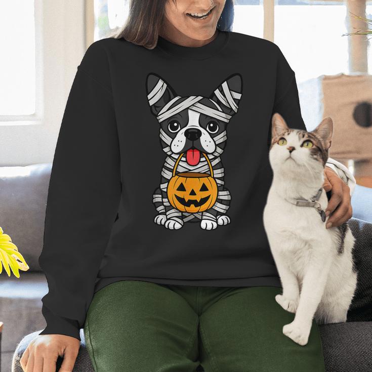 Halloween Dog Boston Terrier Mummy Costume Men Women Kids Women Crewneck Sweatshirt, Boston Terrier Halloween Sweatshirts, gift for family, gift for coworker