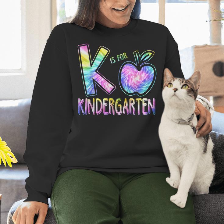 K Is For Kindergarten Teacher Tie Dye Back To School Kinder Women Crewneck Sweatshirt, gift for family, gift for coworker K Is For Kindergarten Teacher Tie Dye Back To School Kinder Women Crewneck Sweatshirt, gift for family, gift for coworker
