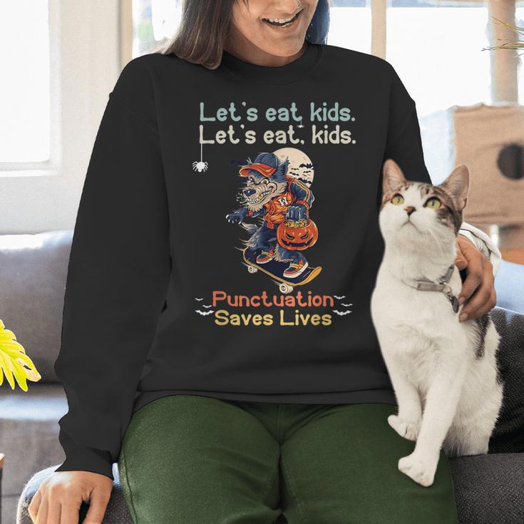 Let's Eat Kids Grammar Werewolf Halloween Teacher Women Crewneck Sweatshirt, gift for family, gift for coworker Let's Eat Kids Grammar Werewolf Halloween Teacher Women Crewneck Sweatshirt, gift for family, gift for coworker