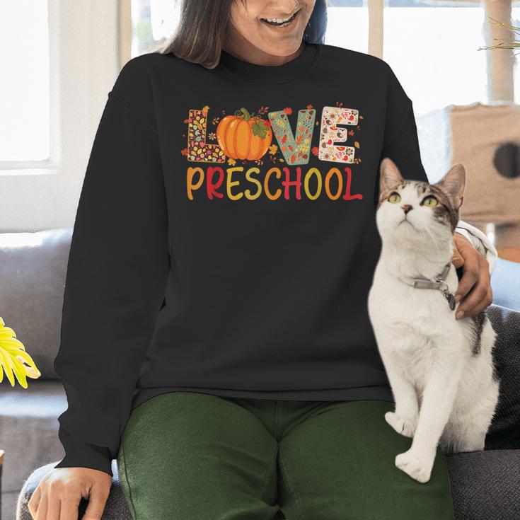 Love Preschool Happy Fall Thanksgiving Women Teacher Women Crewneck Sweatshirt, gift for family, gift for coworker