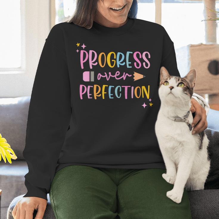 Motivational Progress Over Perfection Back To School Teacher Women Crewneck Sweatshirt, gift for family, gift for coworker