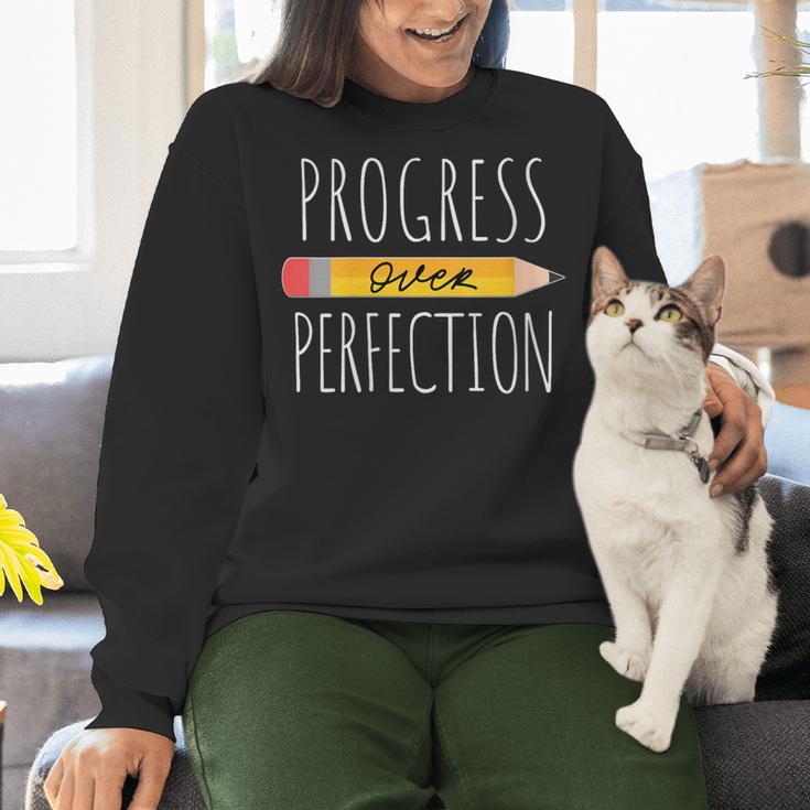 Motivational Progress Over Perfection Back To School Teacher Women Crewneck Sweatshirt, gift for family, gift for coworker