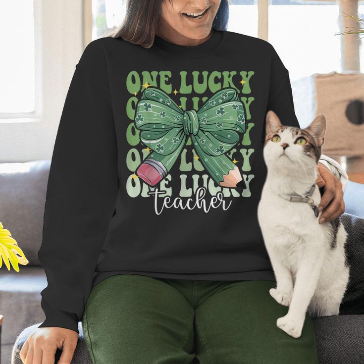 One Lucky Teacher Coquette Bow St Patricks Day Teacher Women Crewneck Sweatshirt, gift for family, gift for coworker
