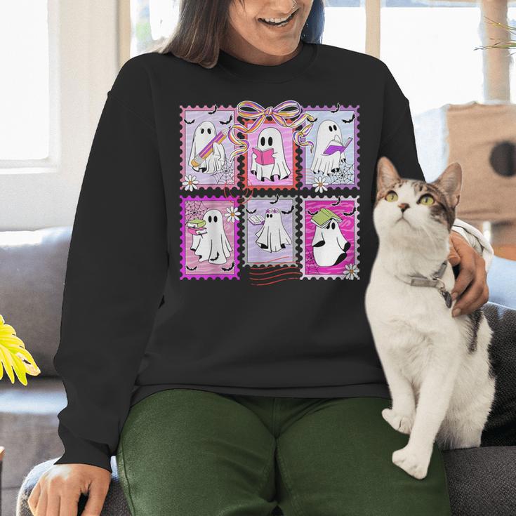 Preppy Spooky Teacher Halloween Ghost Coquette Bow Autumn Women Crewneck Sweatshirt, gift for family, gift for coworker